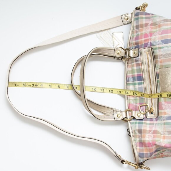 Coach Poppy Daisy Signature Madras Plaid Print Pink Rocker 2-Way Tote Bag Gold - Picture 10 of 13